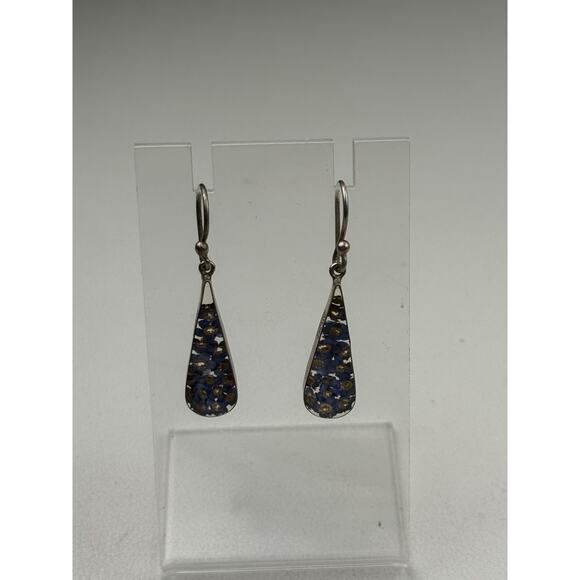 ATI Sterling Silver Pierced Hook Earrings Resin Blue Flowers - Picture 7 of 11